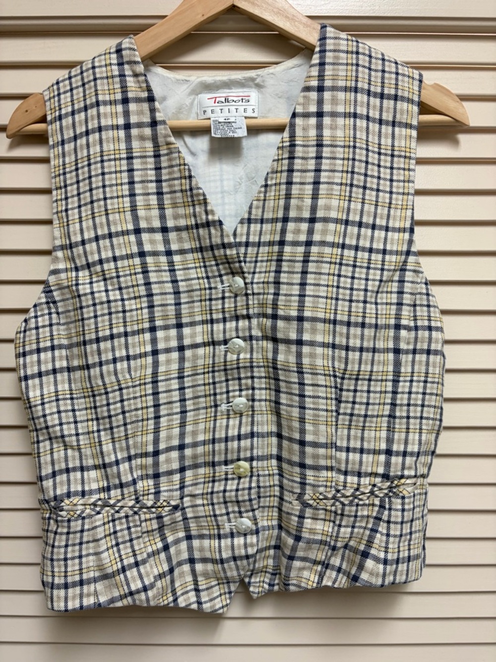 Talbots Petites Linen Vest Womens 4P Plaid Button Front Tailored Cottagecore
